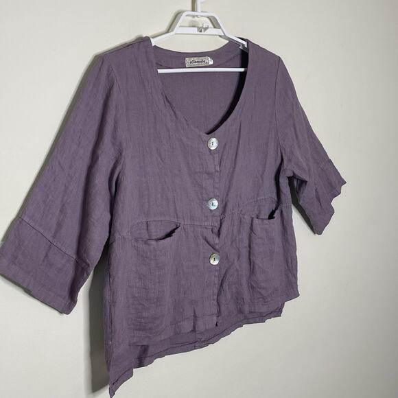 ELLAMODA Italy Purple 100% Linen Boxy Button Up Blouse Boho Lagenlook Artsy S/M - Picture 4 of 9
